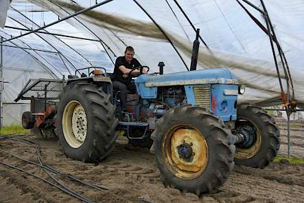 De Nuffield 4/65 is nog regelmatig aan het werk op het ouderlijk tuinbouwbedrijf.