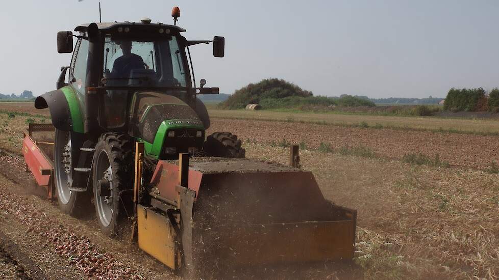 Stof happen bij roze uien rooien in het zwad door Siebring Akkerbouw Trekkerweb