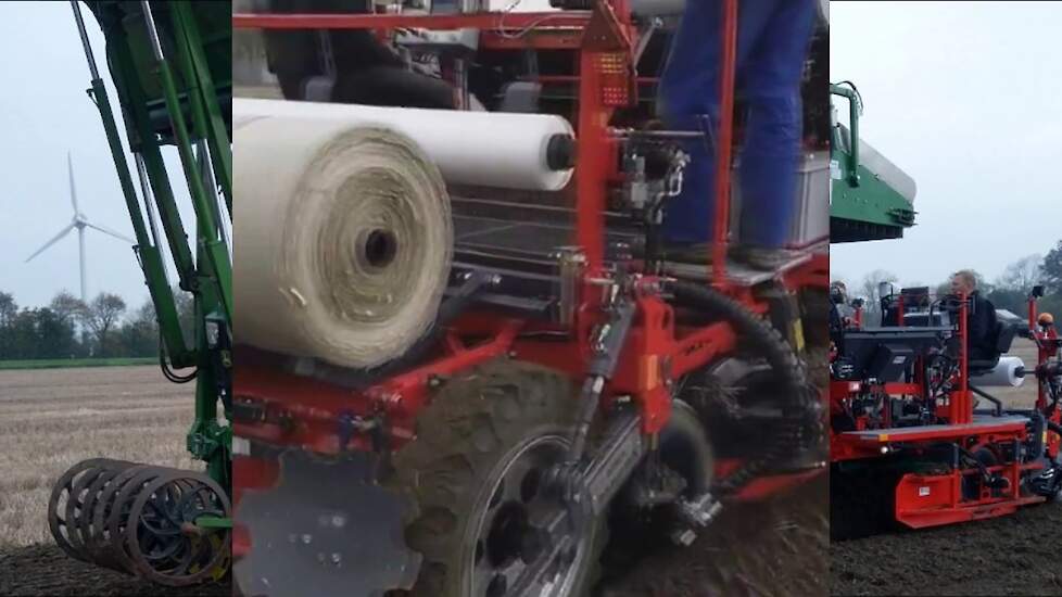 Vlaming dubbelnet plantmachine aan het tulpen bollen planten