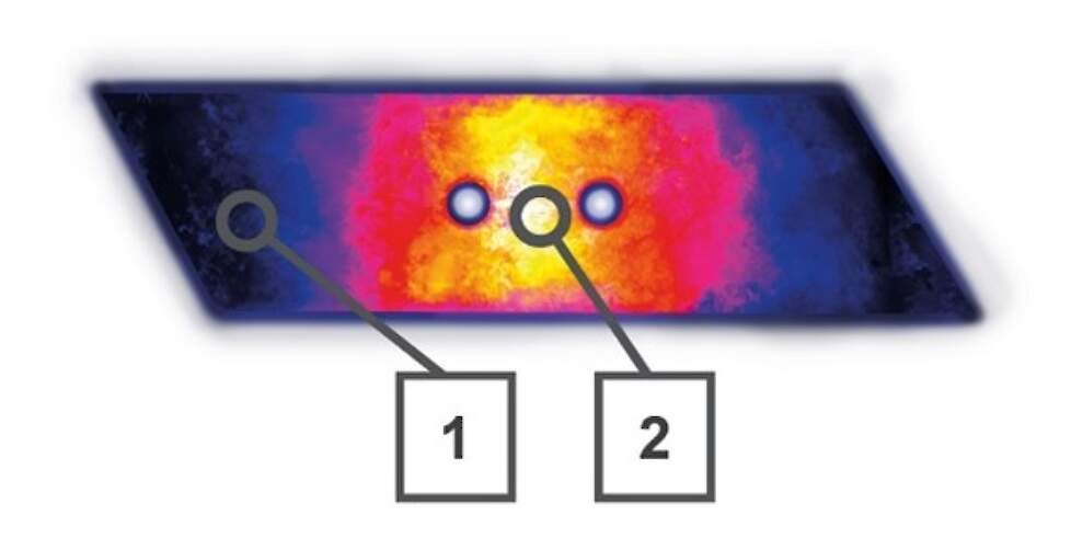 Infrarood camera: warmte behandeling 1. Extreem harde slijt zones. 2. Gebied rond de boutgaten flexibeler om breuk te voorkomen.