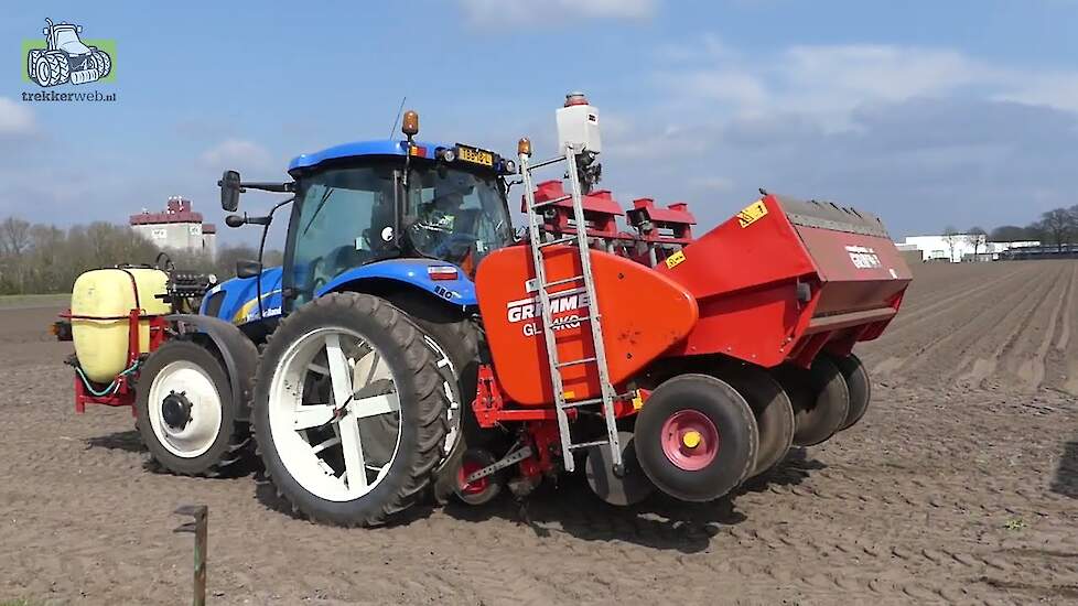 New Holland T6010, Grimme GL 34KG, Hardi, Zibo en SBG/ Raven (gps) aan het poten