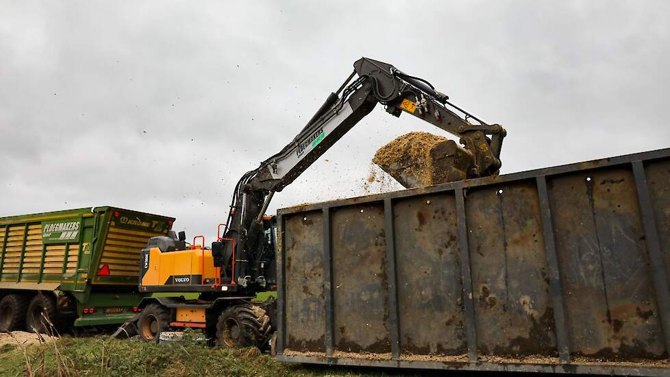 Een kraan schept de mais vervolgens over in een silagewagen.