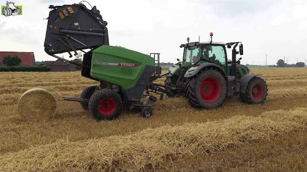 Ronde balen persen Fendt 720 en Fendt Rotana 180 V in het gerstestro